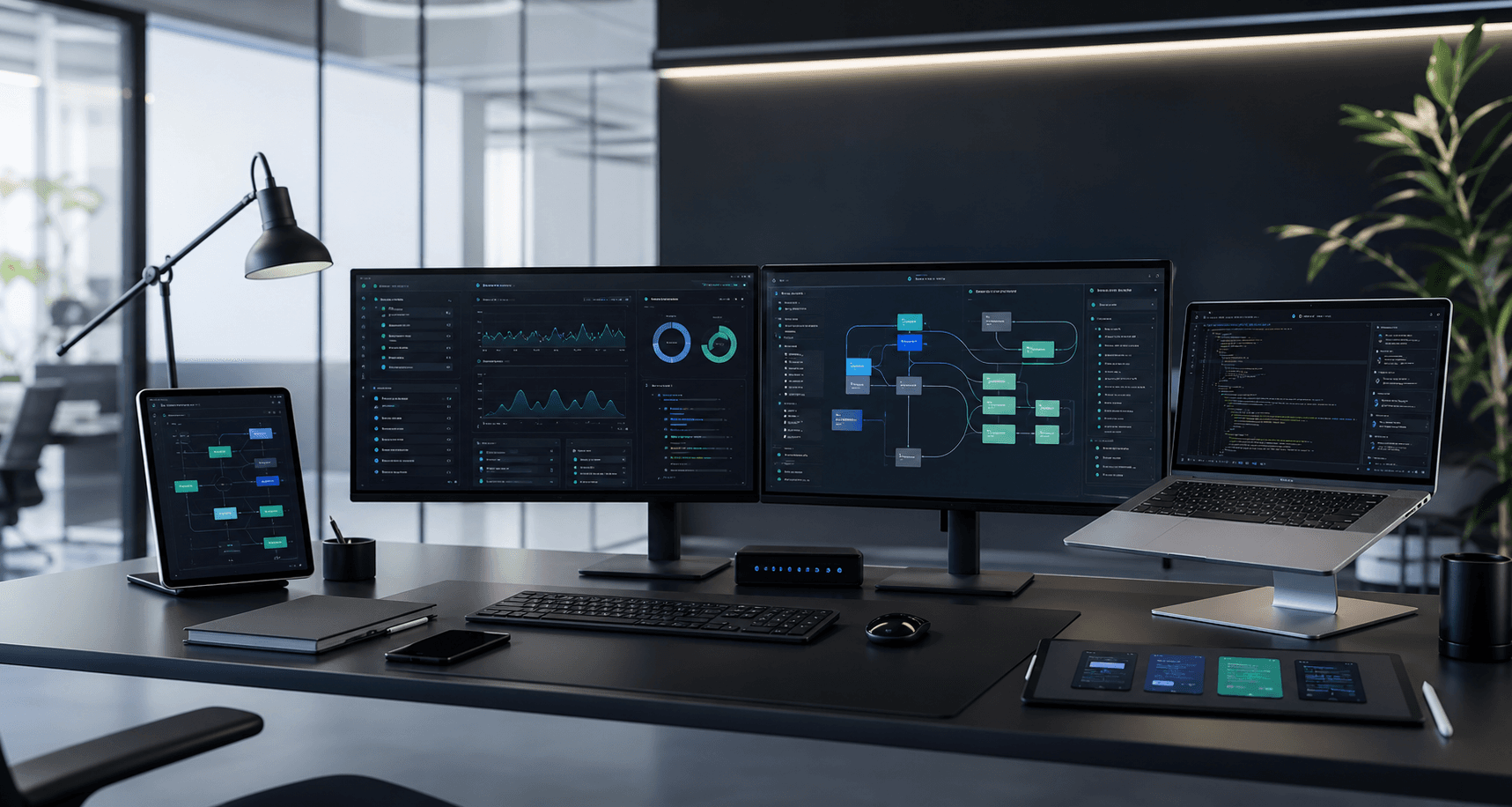Modern engineering workspace with product dashboards and software delivery surfaces